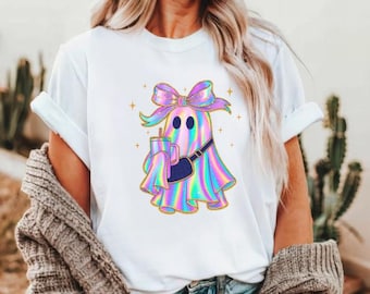 Iridescent Ghost Shirt, Pastel Bow Ghost T-Shirt, Halloween Shirt for Women, Cute Spooky Shirt, Retro Style, Coquette Ghost, Girly Halloween
