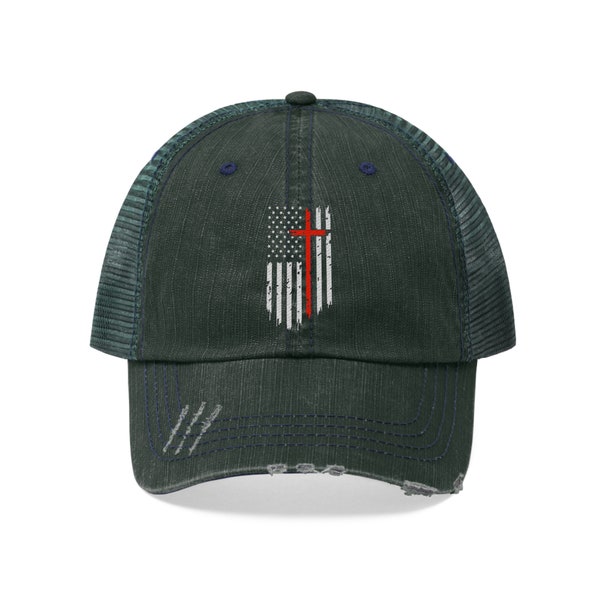 Patriotic American Flag and Cross Trucker Hat, Christian Cross American Flag Baseball Cap