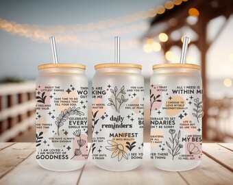 Daily reminder glass can jar with bamboo lid and straw 16 oz. Daily affirmations best friend gift Motivational quote positive self care