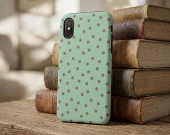 Mint Green Brown Polka Dot Phone Case, Preppy iPhone 17 Pro Max Case, Aesthetic Phone Case