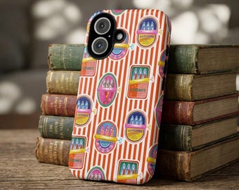 Retro Red Striped Sardine Can Pattern Phone Case, Vintage Sardine Can iPhone 17 Pro Max, iPhone 16 15 14 13 Samsung Galaxy 26 Google Pixel