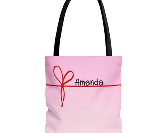 Benutzerdefinierte Name Red Ribbon Rosa Einkaufstasche, personalisierte Name Einkaufstasche, Kokette Rosa Einkaufstasche