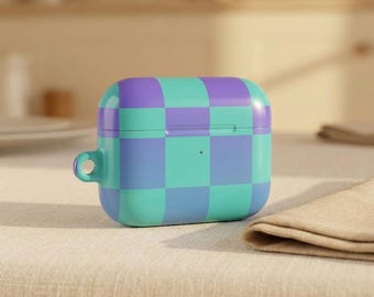 Personalized Blue Teal Checkerboard AirPod Case | Custom Retro Ombré Plaid Protective AirPod Cover