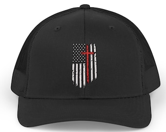 Patriotic American Flag and Cross Trucker Cap, Christian Cross USA Flag Baseball Snapback Hat, United States Hat