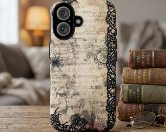 Vintage Lace Border Phone Case, Distressed Script, Gothic Floral Phon Case, Halloween iPhone 17 16 15 14 13, Samsung Galaxy, Google Pixel