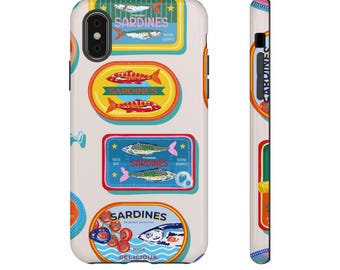 Retro Sardine Can Pattern Tough Case, Vintage Seafood Phone Cover, Fish iPhone 17 Pro Max, iPhone 16 15 14 Samsung Galaxy S26 Google Pixel