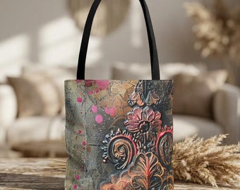 Bohemian Tote Bag, Floral Tote, Vintage Tote Bag, Distressed Tote Bag, Chic Travel Tote, Stylish Everyday Carryall, Art-Inspired Handbag