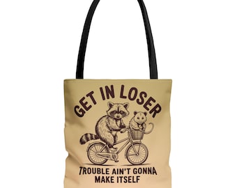 Bolsa de tela con mapache y zarigüeya en bicicleta / Bolsa de tela con frase divertida / Bolsa de tela vintage / Bolsa de tela retro con mapache divertido / Bolsa de tela con mapache basura