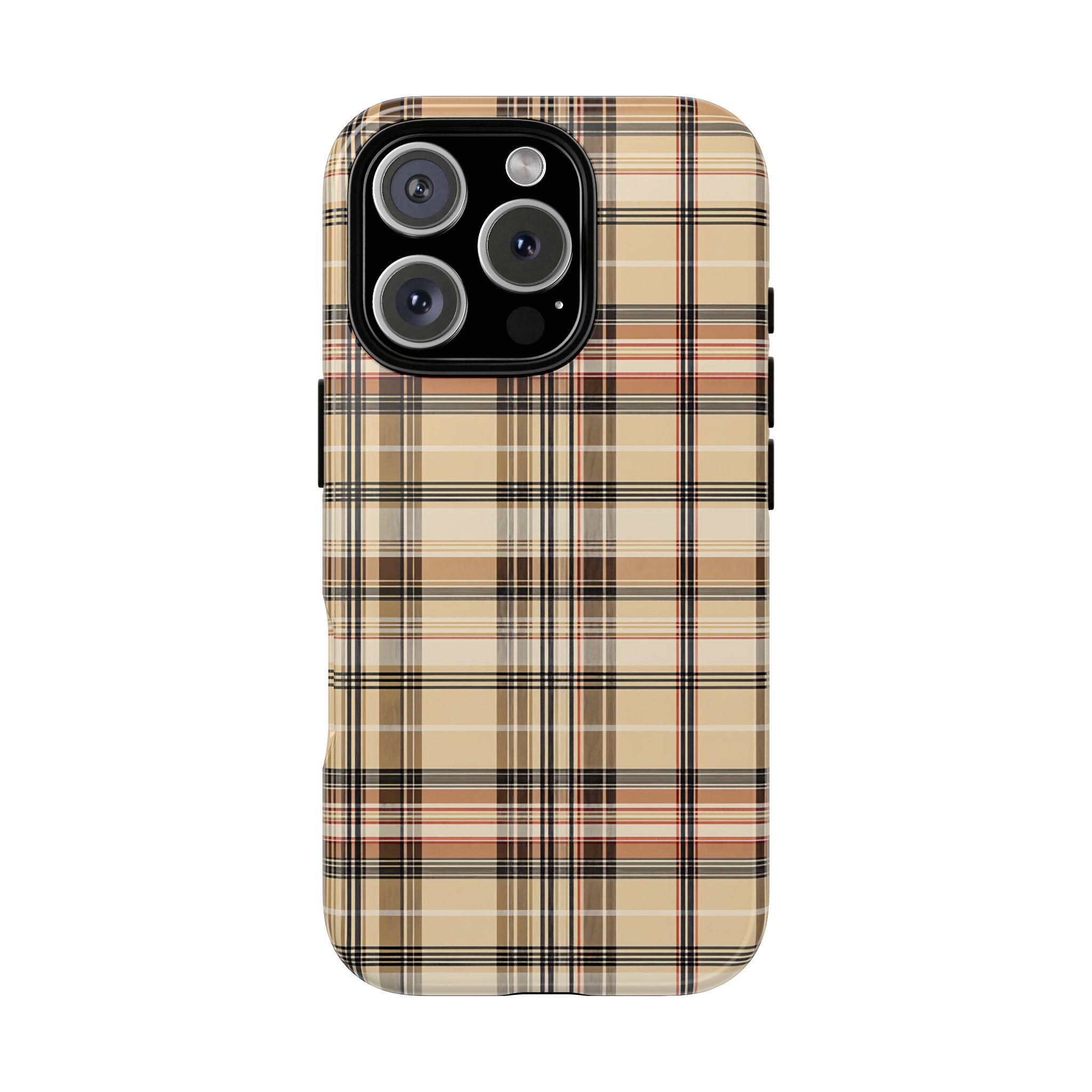 Elegant Camel Plaid iPhone Case, Aesthetic Chic Protective Cover, Stylish Tartan Pattern, Fashionable Cell Phone Accessories