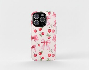 Cute Coquette Strawberry Phone Case - Cute Floral Cover for Girls, Ideal Gift, Spring Aesthetic, Tough Cases with Bows, Stylish Protection