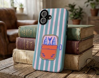 Sardines in Tin Phone Case | Striped Blue Pink iPhone 17 16 15 14 13, Samsung Galaxy 26, Google Pixel, Sardine Phone Case