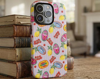 Retro Fruit Sardine Pattern Phone Case, Vintage Lemon Tomatoes Art iPhone 17 Pro Max, iPhone 16 15 14, Samsung Galaxy S26, Google Pixel