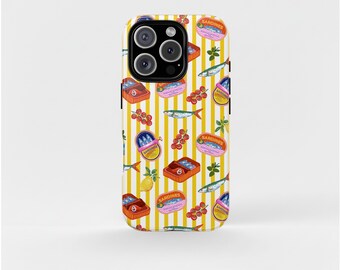 Vintage Sardine Pattern Phone Case, Retro Yellow Stripe Lemon Phone Case, iPhone 17 Pro Max, iPhone 16 15 14 Samsung Galaxy S26 Google Pixel