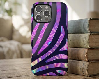 Iridescent Purple Zebra Phone Case, Holographic Animal Print, Zebra Stripe iPhone 17 16 15 14 13, Samsung Galaxy, Google Pixel