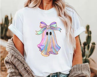 Iridescent Ghost Shirt, Halloween Coquette Ghost Shirt, Pastel Ghost Shirt With Bow, Cute Halloween Tee, Kawaii Spooky Season Aesthetic