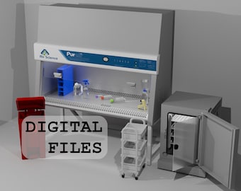 1/12 Scale Tissue Culture Lab Items for 3D printing and Decals: Tissue culture hood, incubator, biohazard bin and utility carts