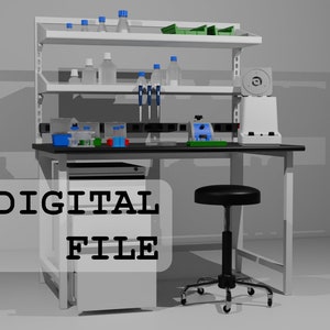 Over 30 1/12 Scale Molecular Biology Lab Items STLs for 3D Printing and Decals (files only) - Now includes flasks, lab bench and lab stool!