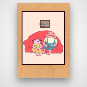 Print of axolotl and blobfish illustration,axolotl wall hanging,colorful home deco,gift for her and him,wall art print,original poster