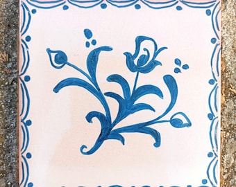 Handpainted blue flower decorative tile art,blue tile art,traditional blue tile,Spanish ceramic art,blue mediterranean decor,Andalusian tile