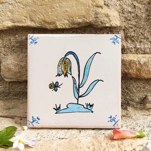 Handpainted flower decorative tile,delft tile art,traditional tile,delft ceramic decor,delft tile,handpainted delft tile,flower and bee tile