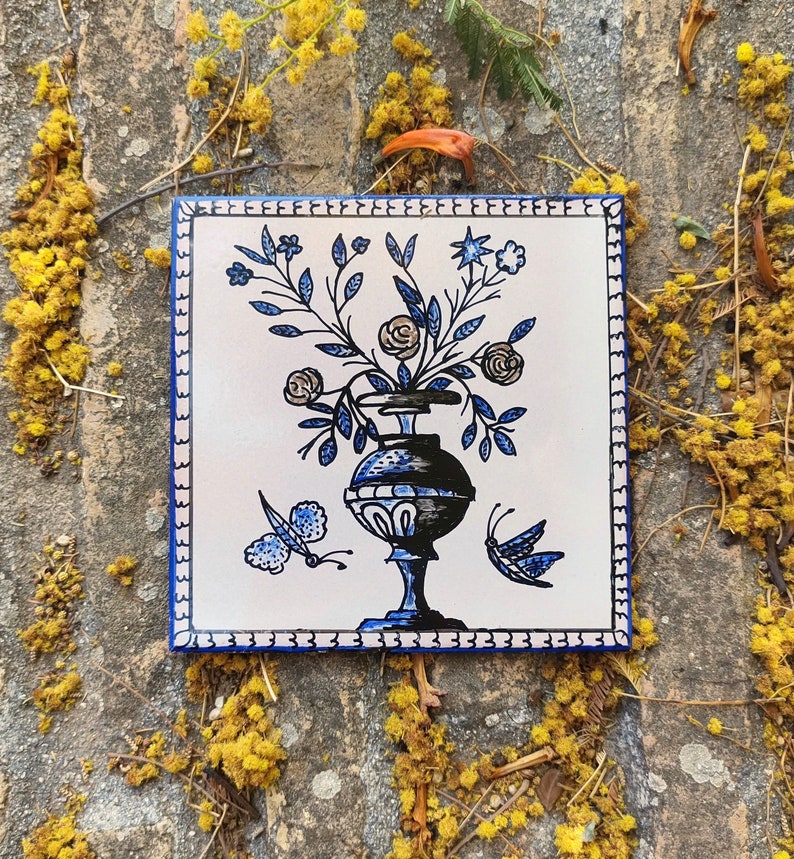 Handpainted flowers decorative tile,traditional Portuguese tiles,gift for her and him,portuguese tile art,ceramic tile,blue and white tile image 1