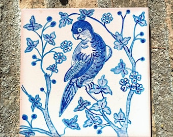 Handpainted bird decorative tile,traditional Portuguese tiles,blue tile,Portuguese tile art,ceramic tile,blue and white tile