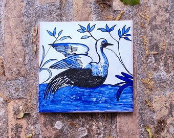 Portuguese tile,handpainted tile,traditional bird tile,decorative blue tile,Portuguese tile art,ceramic tile,Portugal blue and white tile