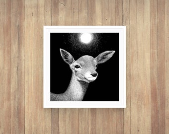 Wildlife art,wild animal art print,animal illustration,deer wall print,wildlife wall art,animal art,black and white animal art, animal print