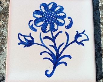 Handpainted blue flower decorative tile art,blue tile art,traditional blue tile,Spanish ceramic art,blue mediterranean decor,Andalusian tile
