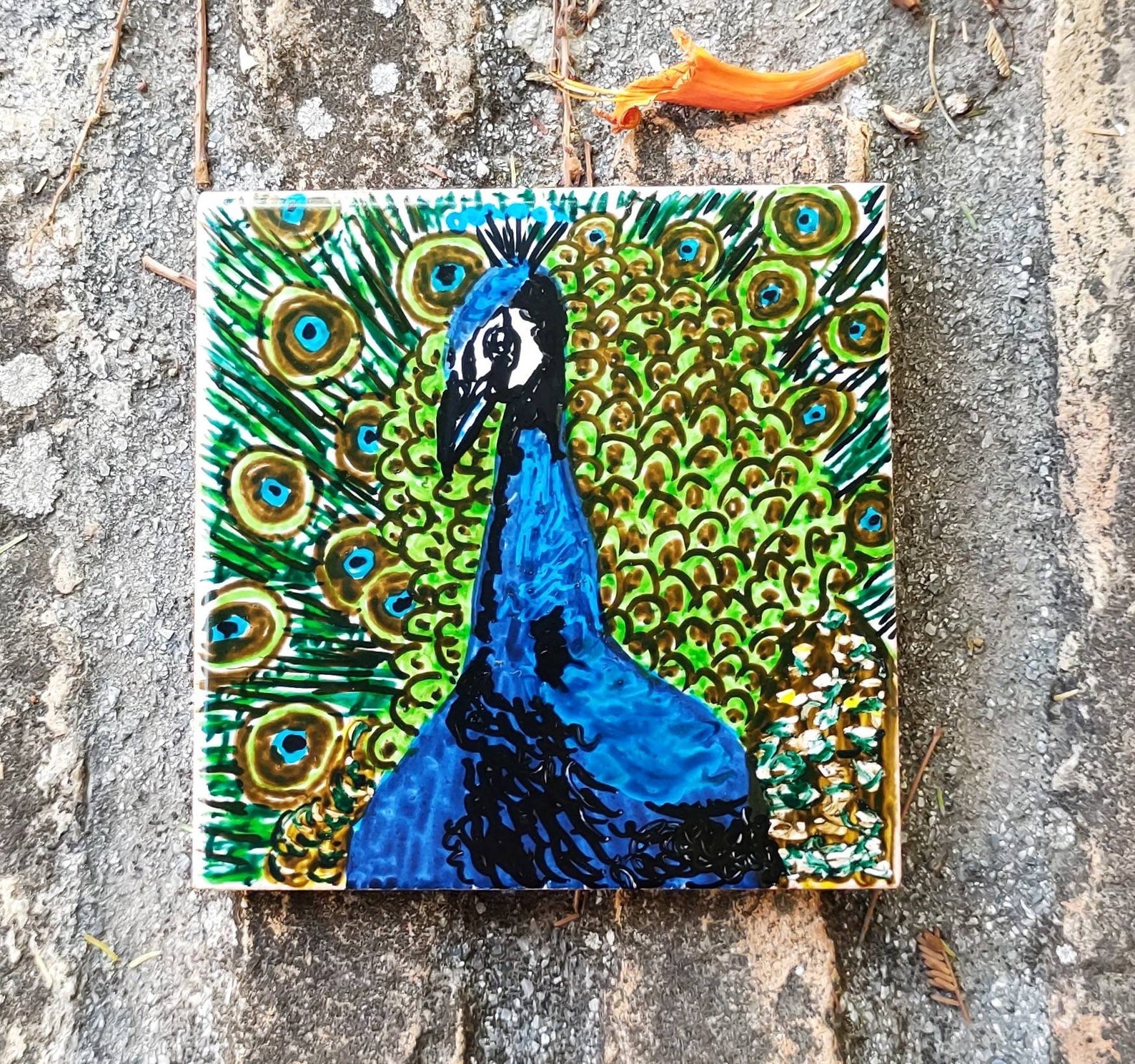 Hand painted peacock decorative tile green bird tile | Etsy