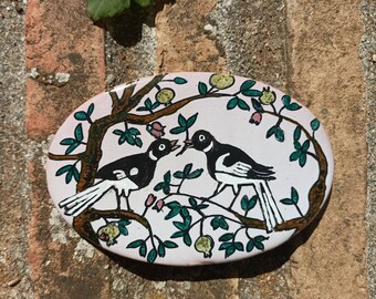 Handpainted magpies on tree decorative tile, Portugal tile art,traditional Portuguese tiles,tile home deco,portuguese ceramic tile,original