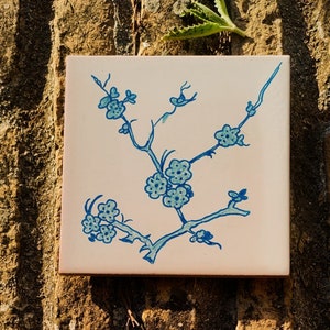 Handpainted tile,ceramic tile,blue and white tile art,flowers tile,traditional tile,original home deco,unique blue ceramic, decorative tile