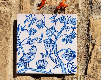 Handpainted birds decorative tile,traditional Portuguese tiles,gift for her and him,portuguese tile art,ceramic tile,blue and white tile