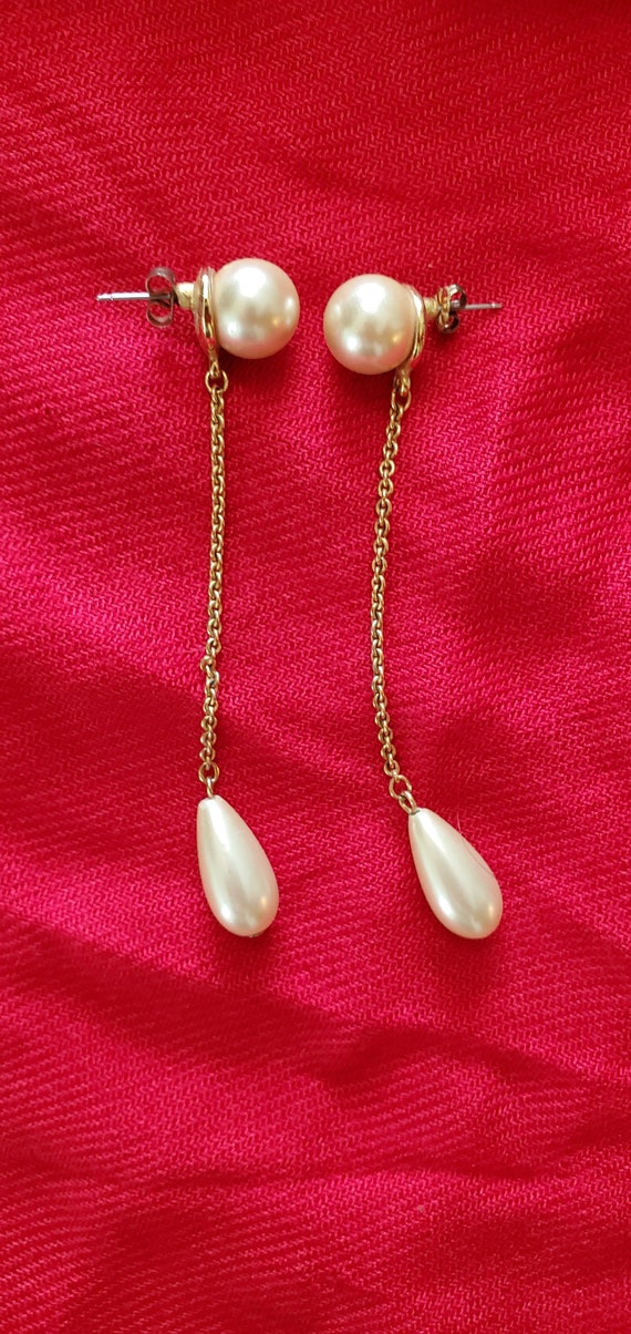 Gold and Pearl Dangle Drop Pierced Earrings