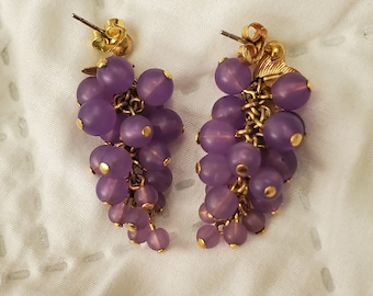 Vintage Purple and Gold Grape Dangle Pierced Earrings