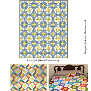 Puede incluir: Un patrón de edredón titulado "Chain Linked Quilt Pattern" con instrucciones para cinco tamaños, desde cuna hasta king. El diseño presenta un patrón geométrico repetitivo en azul, amarillo y blanco. Se muestran combinaciones de colores alternativas, incluido un edredón en una cama.