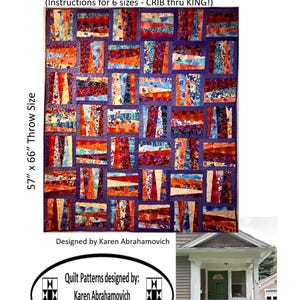 Puede incluir: Un patrón de edredón llamado "Wonk Around the Block" con instrucciones para seis tamaños. El edredón presenta bloques rectangulares en tonos naranja, rojo, azul y morado. El tamaño del lanzamiento es de 145 cm x 168 cm. Diseñado por Karen Abrahamovich.