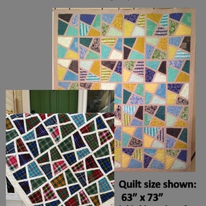 Op de afbeelding: Twee patchwork dekens met een geometrisch patroon. De deken aan de linkerkant is gemaakt van geruit stof in tinten blauw, groen, rood en wit. De deken aan de rechterkant is gemaakt van verschillende bedrukte stoffen in tinten blauw, groen, geel en roze.