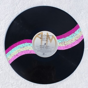 Pink, Teal, and Blue Glitter Striped Wave Record Painting