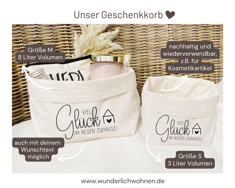 K&ouml;nnte beinhalten: Zwei wei&szlig;e Stoffk&ouml;rbe mit schwarzem Text, der "Viel Gl&uuml;ck im neuen Zuhause!" lautet. Der gr&ouml;&szlig;ere Korb ist mit "Gr&ouml;&szlig;e M 8 Liter Volumen" und der kleinere Korb mit "Gr&ouml;&szlig;e S 3 Liter Volumen" beschriftet.
