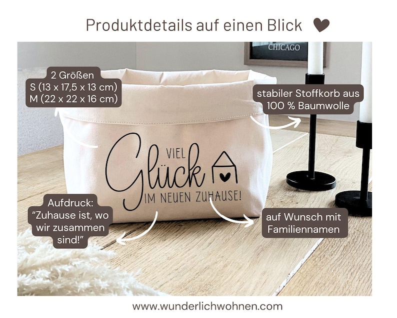 K&ouml;nnte beinhalten: Ein wei&szlig;er Stoffkorb aus Canvas mit schwarzem Text, der "Viel Gl&uuml;ck im neuen Zuhause!" lautet. Der Korb ist in zwei Gr&ouml;&szlig;en erh&auml;ltlich: S (13 x 17,5 x 13 cm) und M (22 x 22 x 16 cm). Der Korb besteht aus 100 % Baumwolle und kann mit einem Familiennamen personalisiert werden.
