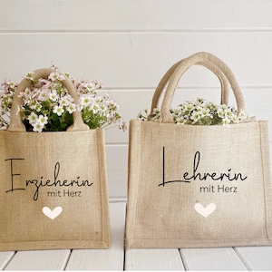 Tasche Lehrerin mit Herz zum Abschied aus der Grundschule aus Jute, Jutetasche