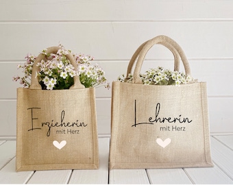 Geschenk Lehrerin mit Herz zum Abschied aus der Grundschule aus Jute, Jutetasche