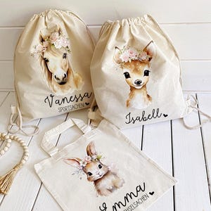Turnbeutel personalisiert mit Namen Tiere floral Blumen Wechselwäsche Schule Kindergarten Urlaub Beutel Geschenk Geburtstag