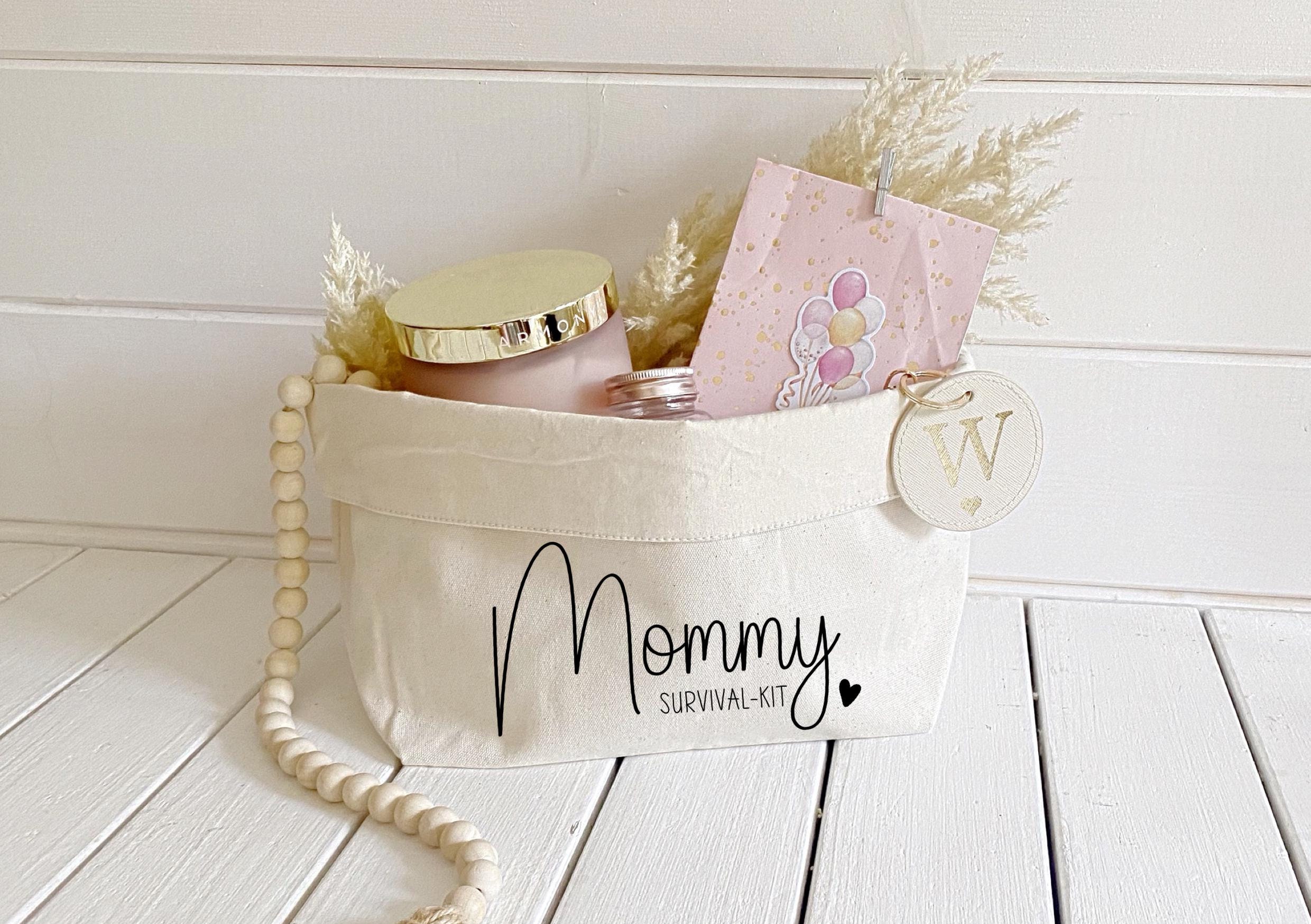 Geschenk zur Geburt für Mama, Mami Survival Kit, Stoffkorb zum Befüllen, Babyshower Geschenk für werdende Mütter
