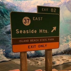 May include: A green and brown highway sign with white text and a white circle with the number 37 inside. The sign reads "Exit 82", "37 East", "Seaside Hts." with an arrow pointing right, and "Island Beach State Park Exit Only".