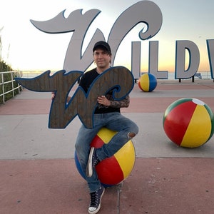 Pode incluir: Uma pessoa sentada em uma grande bola de praia, segurando uma placa de madeira com a letra "W" em azul e branco. A placa est&aacute; na frente de uma grande placa branca que diz "WILDWOOD".