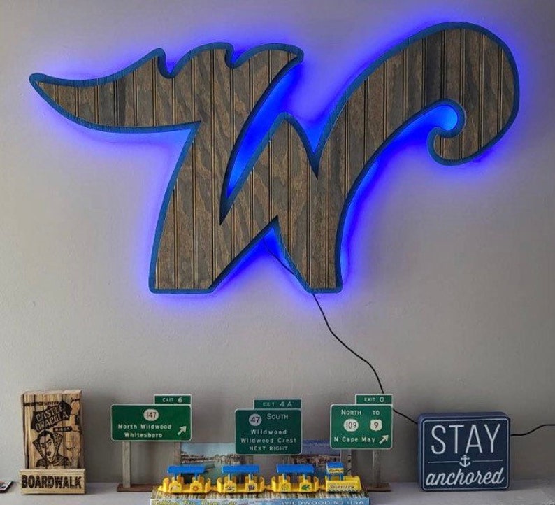 Pode incluir: Uma placa de madeira com um contorno de n&eacute;on azul em forma da letra "W". Abaixo da placa, h&aacute; v&aacute;rios sinais de estrada em miniatura com o texto "North Wildwood", "Wildwood" e "N Cape May". Um pequeno sinal de madeira com o texto "STAY anchored" est&aacute; &agrave; direita.