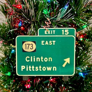 May include: Green highway sign with white text and a black circle with the number 173. The sign reads "Exit 15 East Clinton Pittstown" with an arrow pointing to the right.