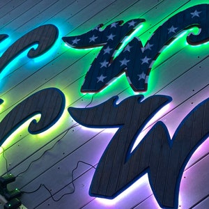 Pode incluir: Uma placa de madeira com a palavra "WWW" em uma fonte estilizada. A placa &eacute; iluminada com luzes LED coloridas, criando uma exibi&ccedil;&atilde;o vibrante e chamativa.